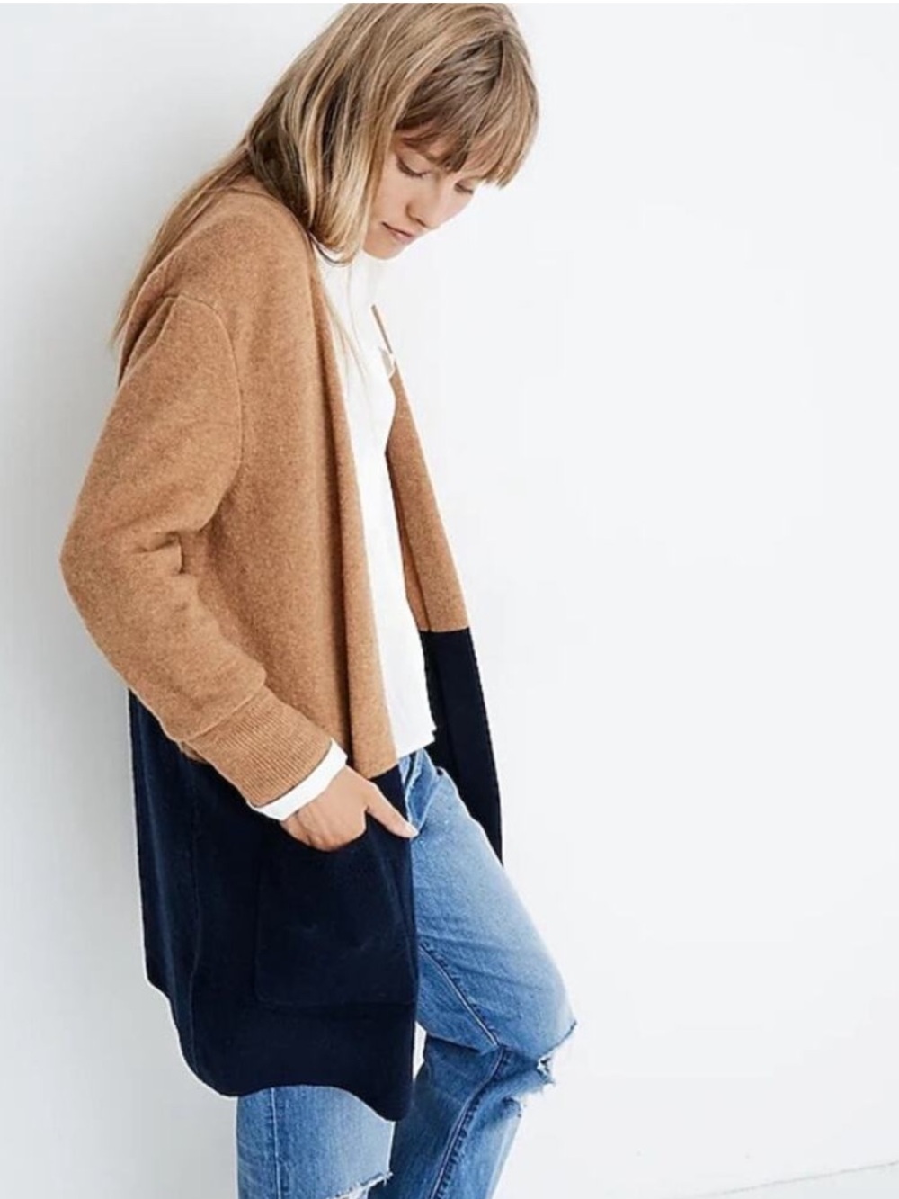 Madewell Two-Tone Camel and Navy Open-Front Women's Long Cardigan XXS